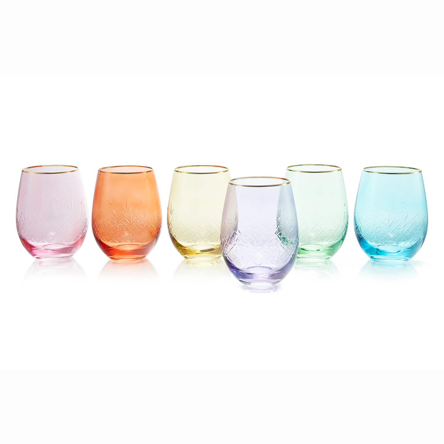 The Wine Savant / Khen Glassware - Art Deco Colored Crystal Stemless Wine Glass Set of 6, 15 oz