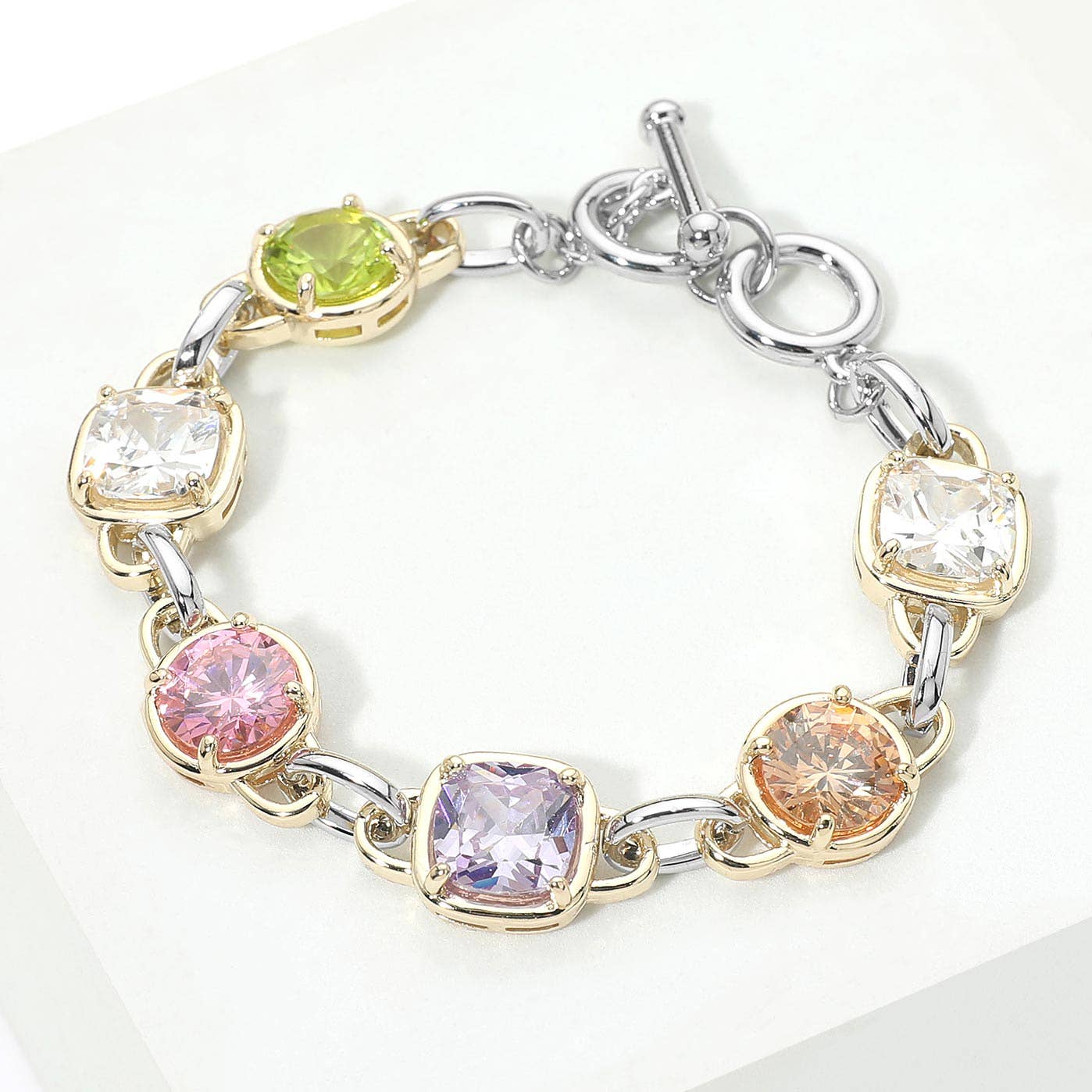 Sensibling Corp. - 14K Gold Plated Multi Color CZ Stone Link Toggle Bracelet: Gold,Light,Multi