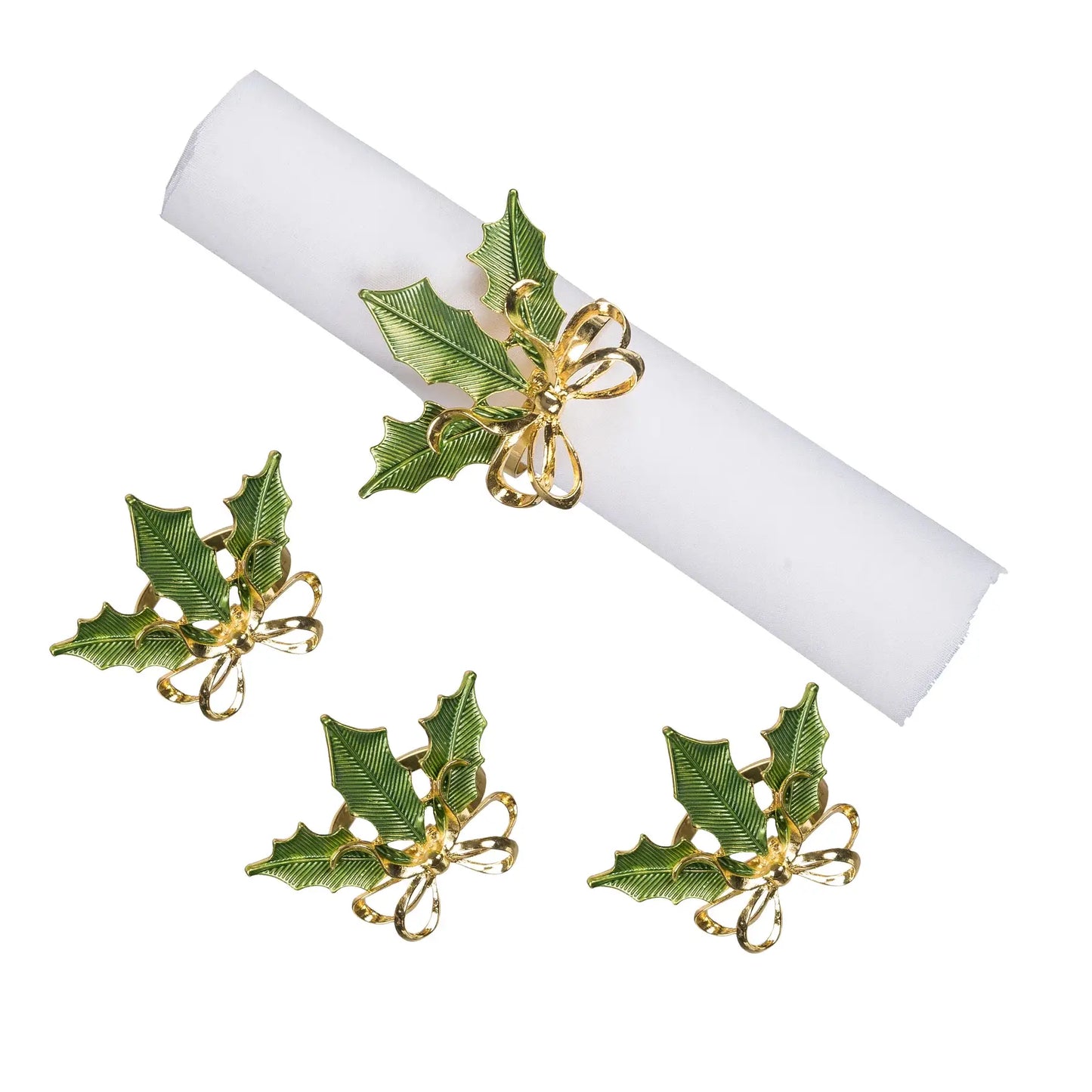 C&F Home - Christmas Green & Gold Holly Napkin Ring Set 4