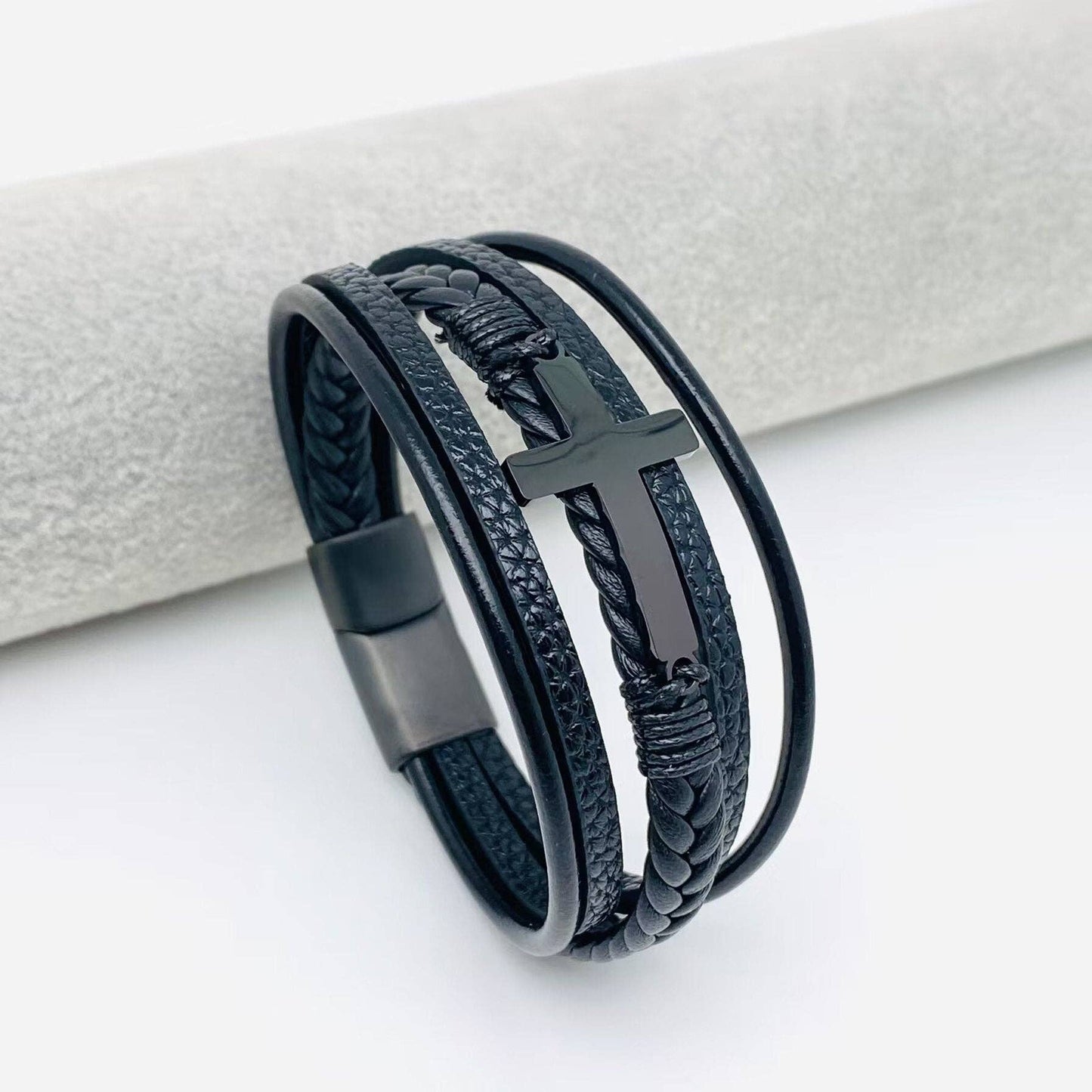 Mio Queena - Stainless Steel Cross Multi-Layer Woven Leather Bracelet -MJ/BC: Steel color