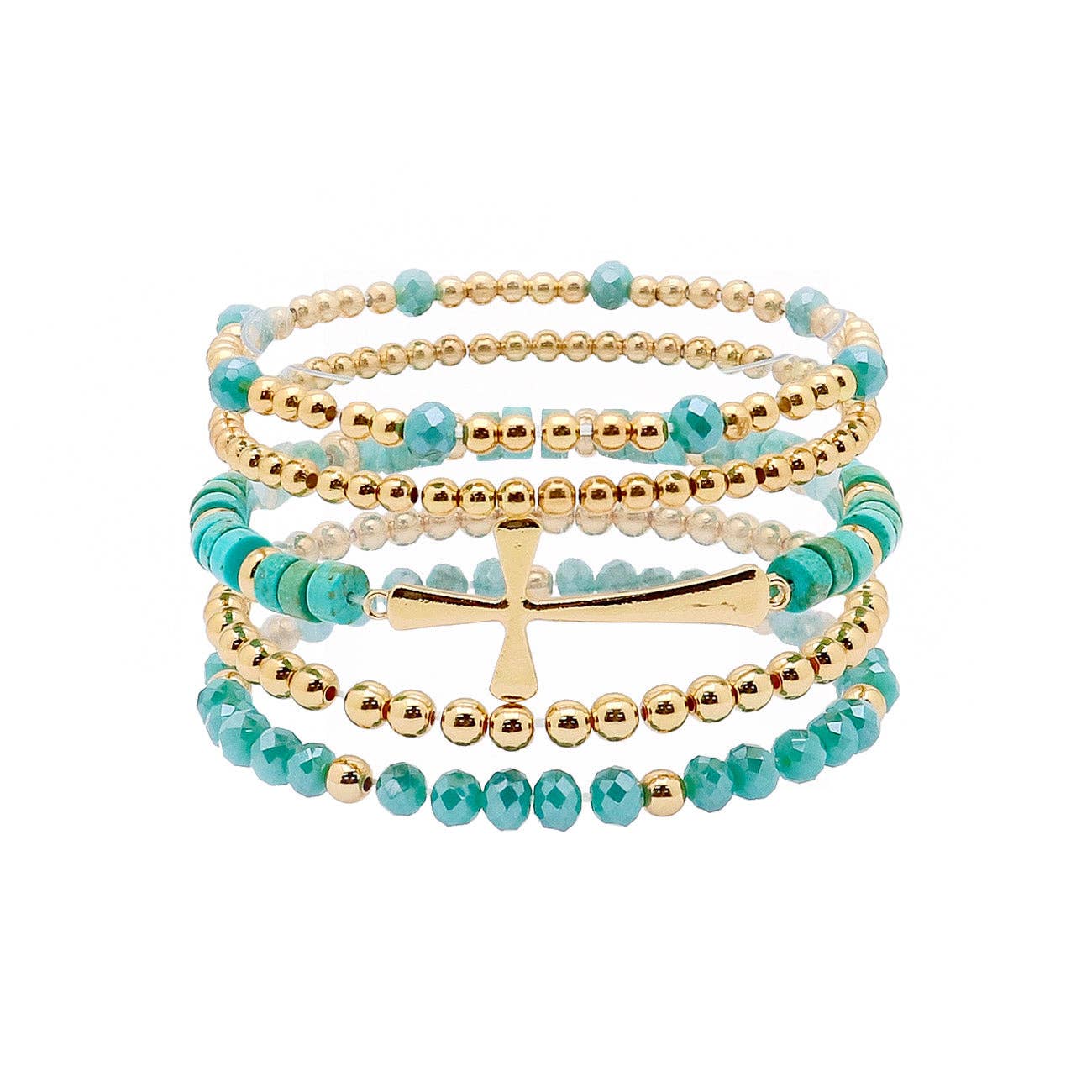 What's Hot - Set of 5 Gold, Turquoise Crystal, and Gold Cross Stretch Bracelet Set