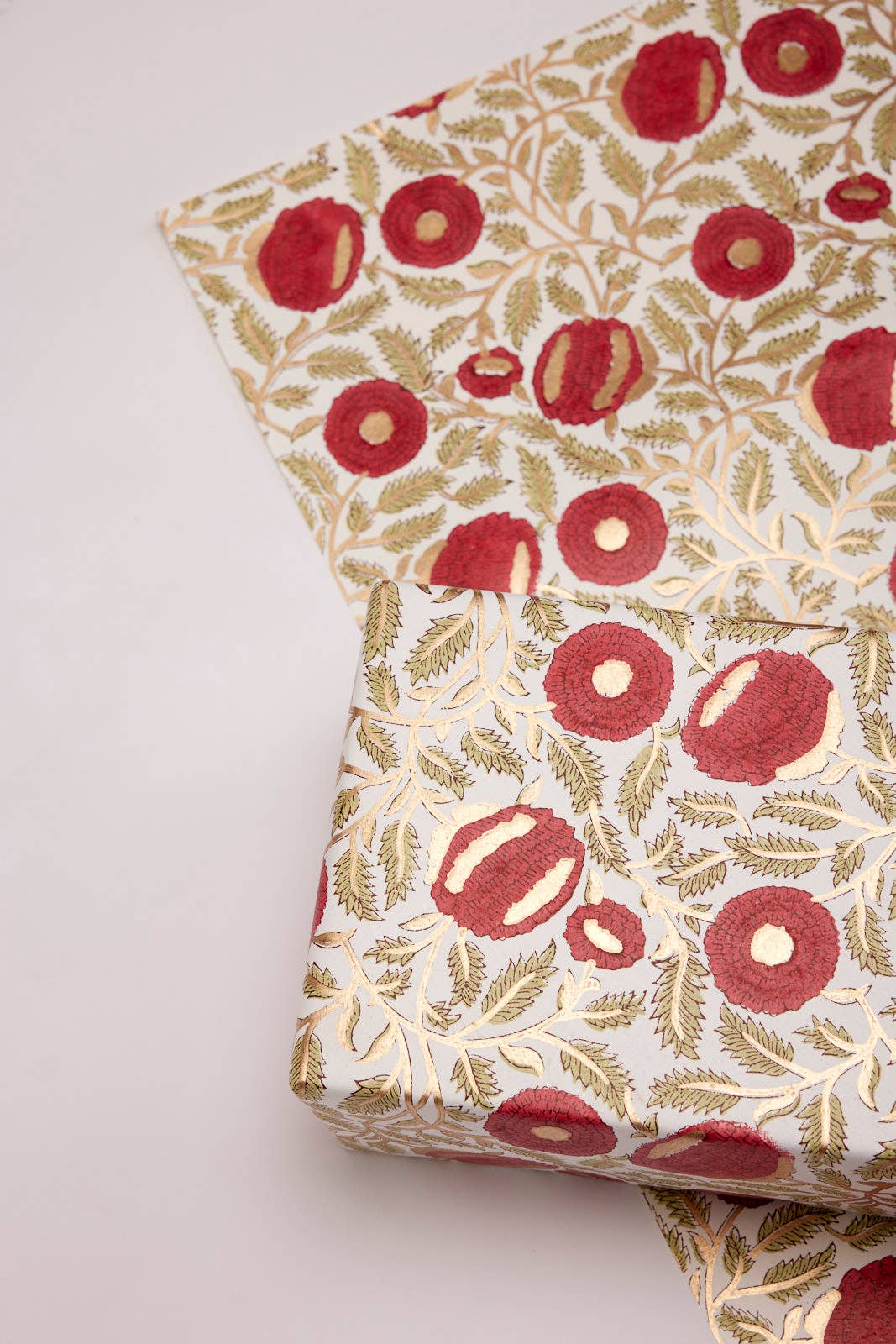 Paper Mirchi - Hand Block Printed Gift Wrap Sheets -Marigold Glitz Scarlet