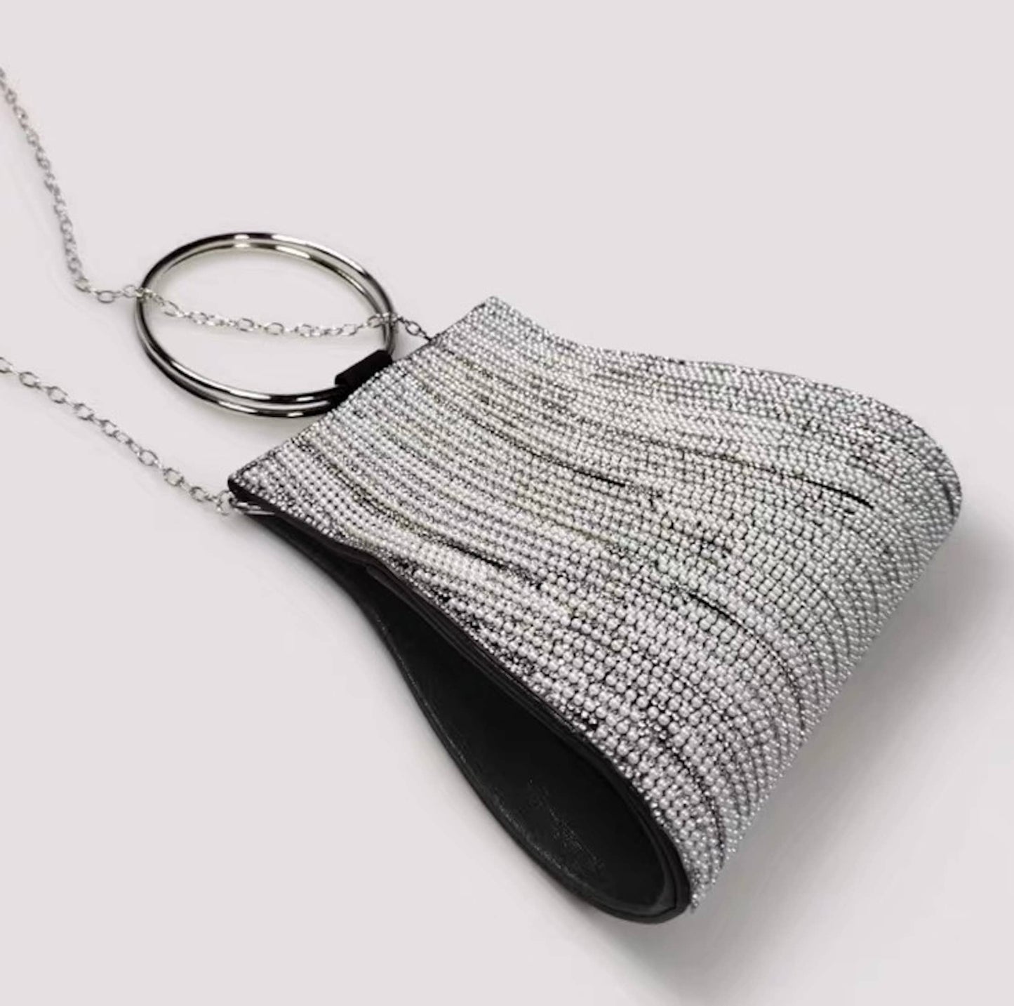 Cici’De Jewelry Amsterdam - Shiny Black Party Clutch with Pearl Beads and Silver Circle: Gold