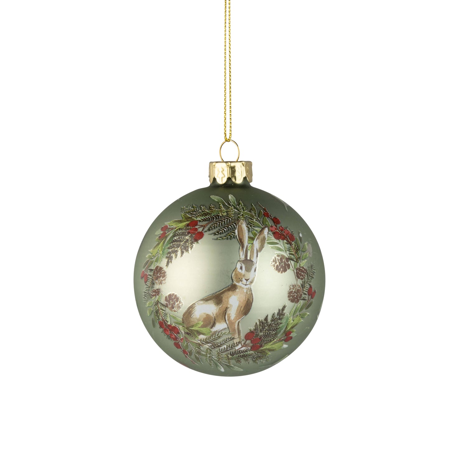 Silver Tree Home & Holiday - G74238-Gls ball orn,pale grn/hare,berry wreath mot,80mm/3in