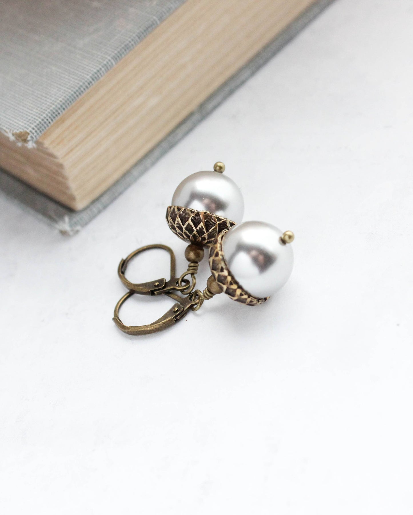 A Pocket of Posies - Light Silver Grey Pearl Acorn Earrings - ANTIQUED BRASS