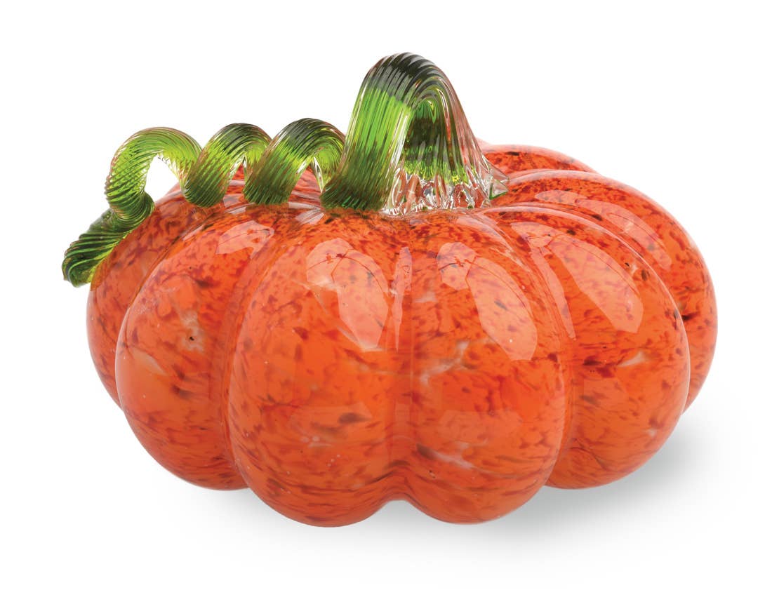 Boston International - 5.75" Dia Glass Pumpkin Orange With Green Stem Fall