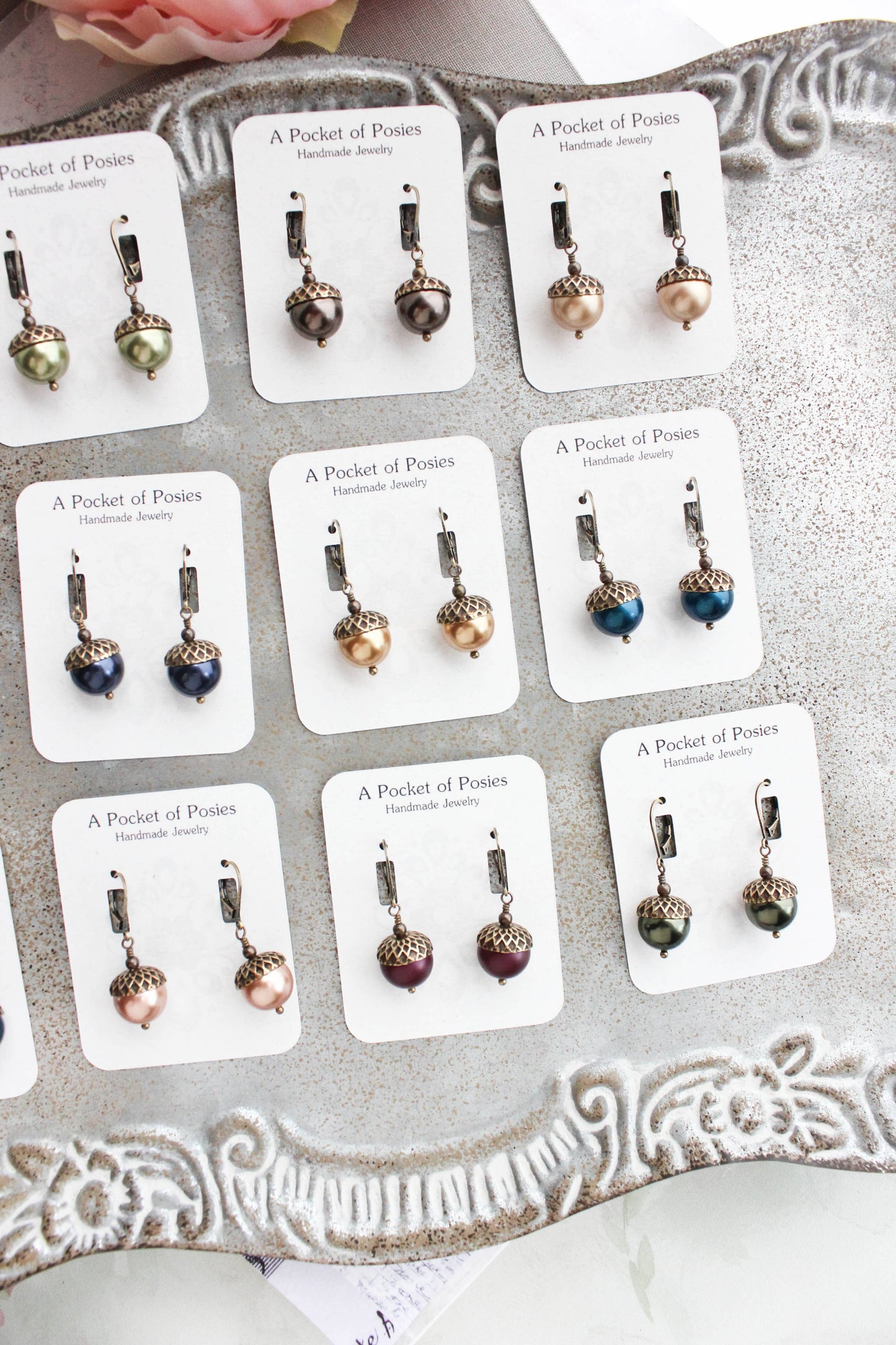 A Pocket of Posies - Light Silver Grey Pearl Acorn Earrings - ANTIQUED BRASS