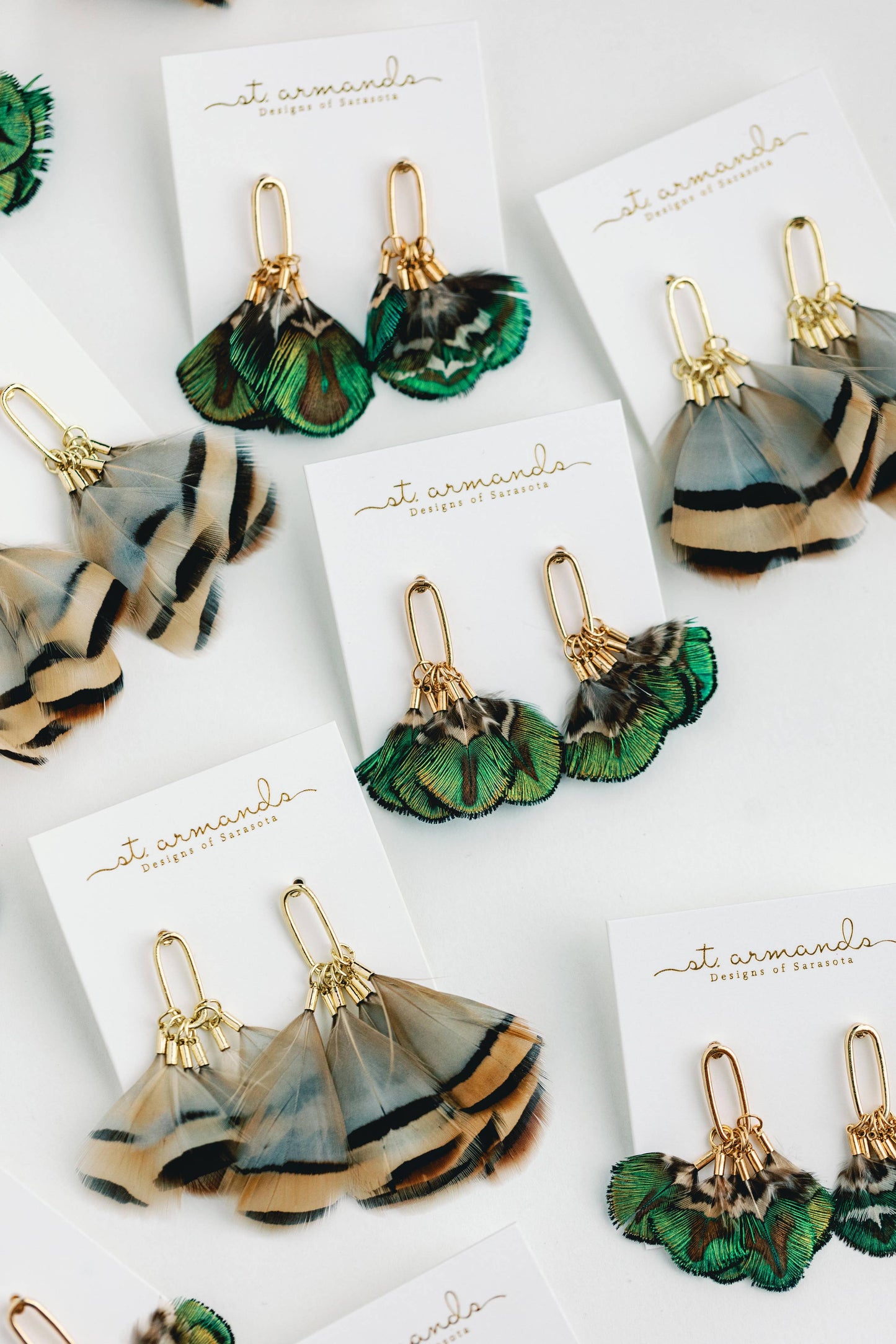 St Armands Designs of Sarasota - Brown Striped Feather Statement Tassel Earrings