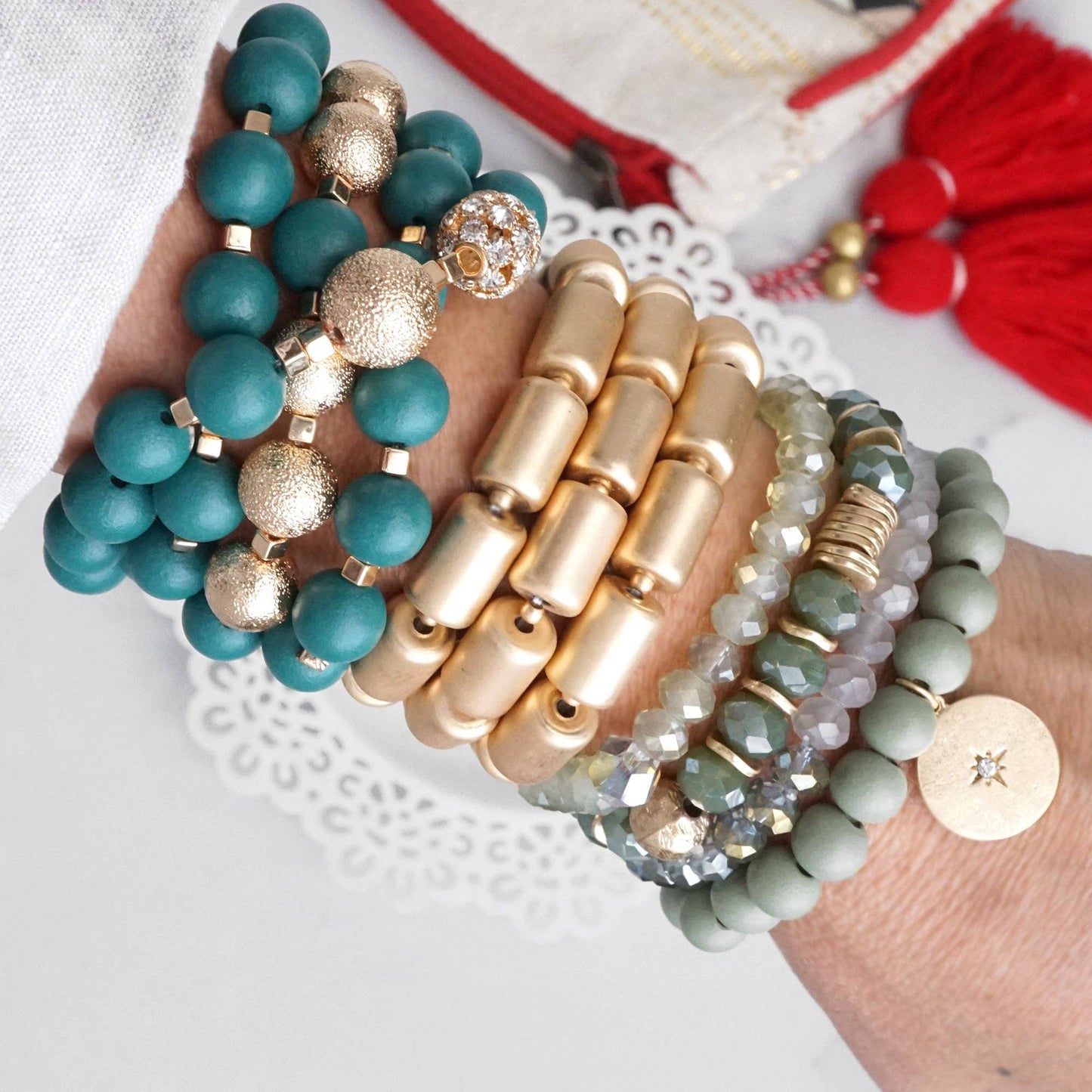 PennyLine inc - Beaded bracelets stack in Olive green with a coin charm