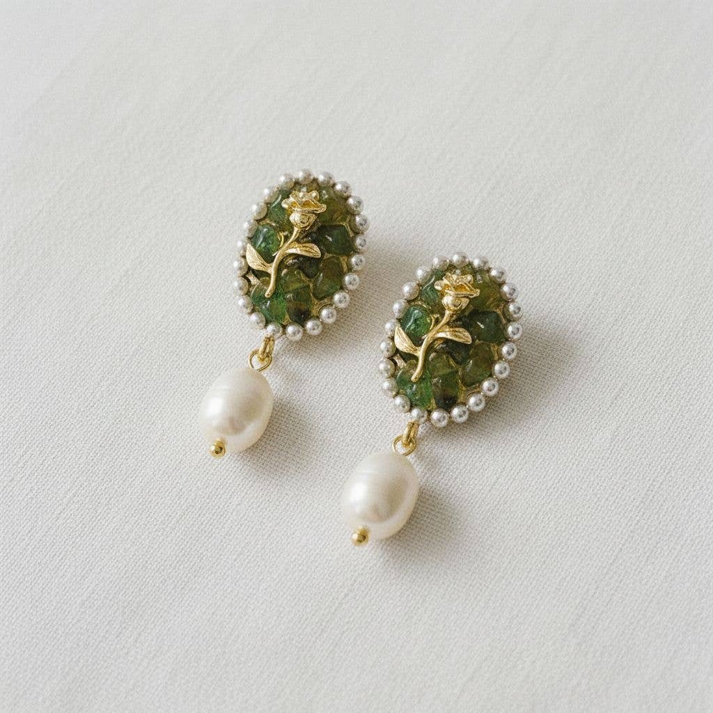Ellemadera - Artisan Floral Pearl Dangle Earrings