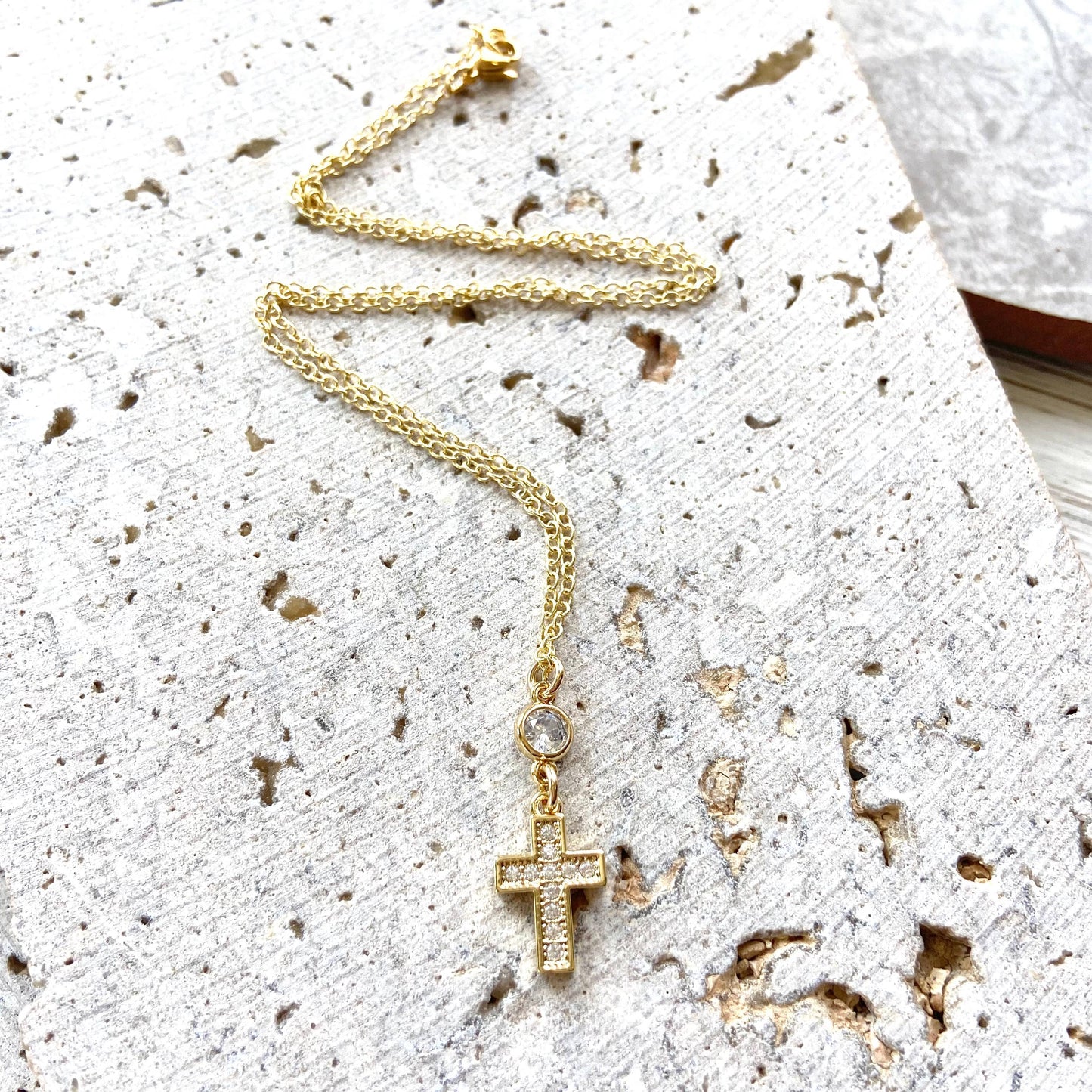 VB&CO Designs Handmade Jewelry - Gold cross crystal necklace Religious jewelry church: Gold