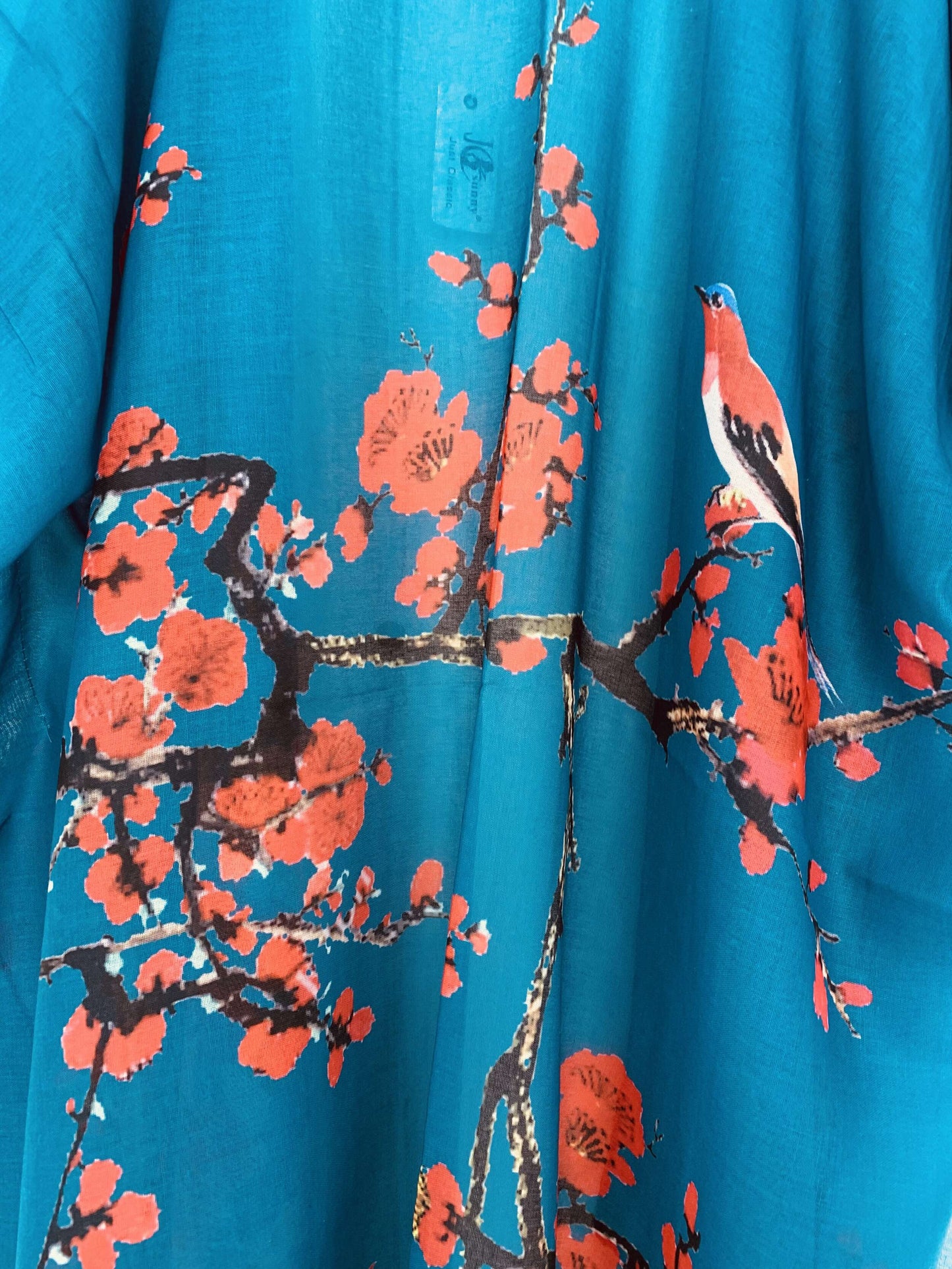 JC Sunny Fashion - Teal & Red Cherry Blossom Bird Kimono