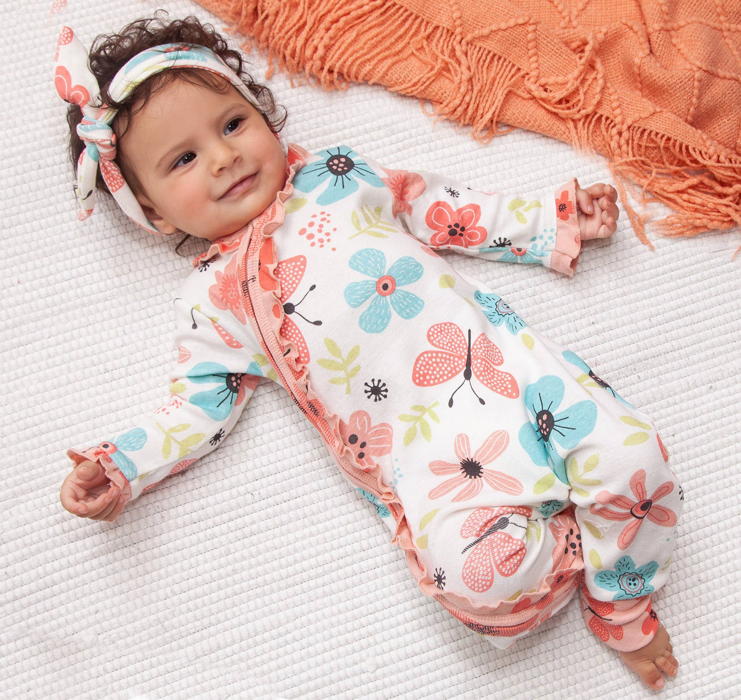 Tesa Babe - Fluttering Blossoms Baby Girl Cotton Zipper Romper: 6-12M