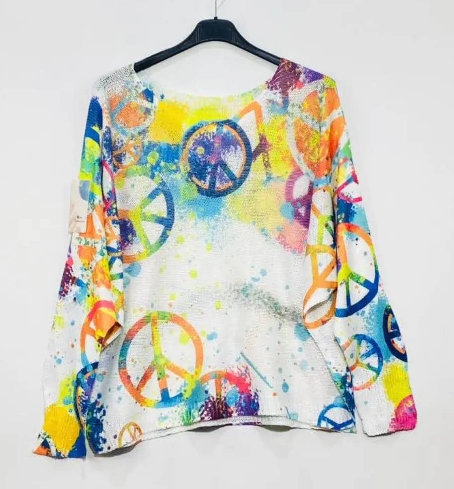 LOOWIE - 19 White Peace & Love Knit Printed Sweater LOOWIE