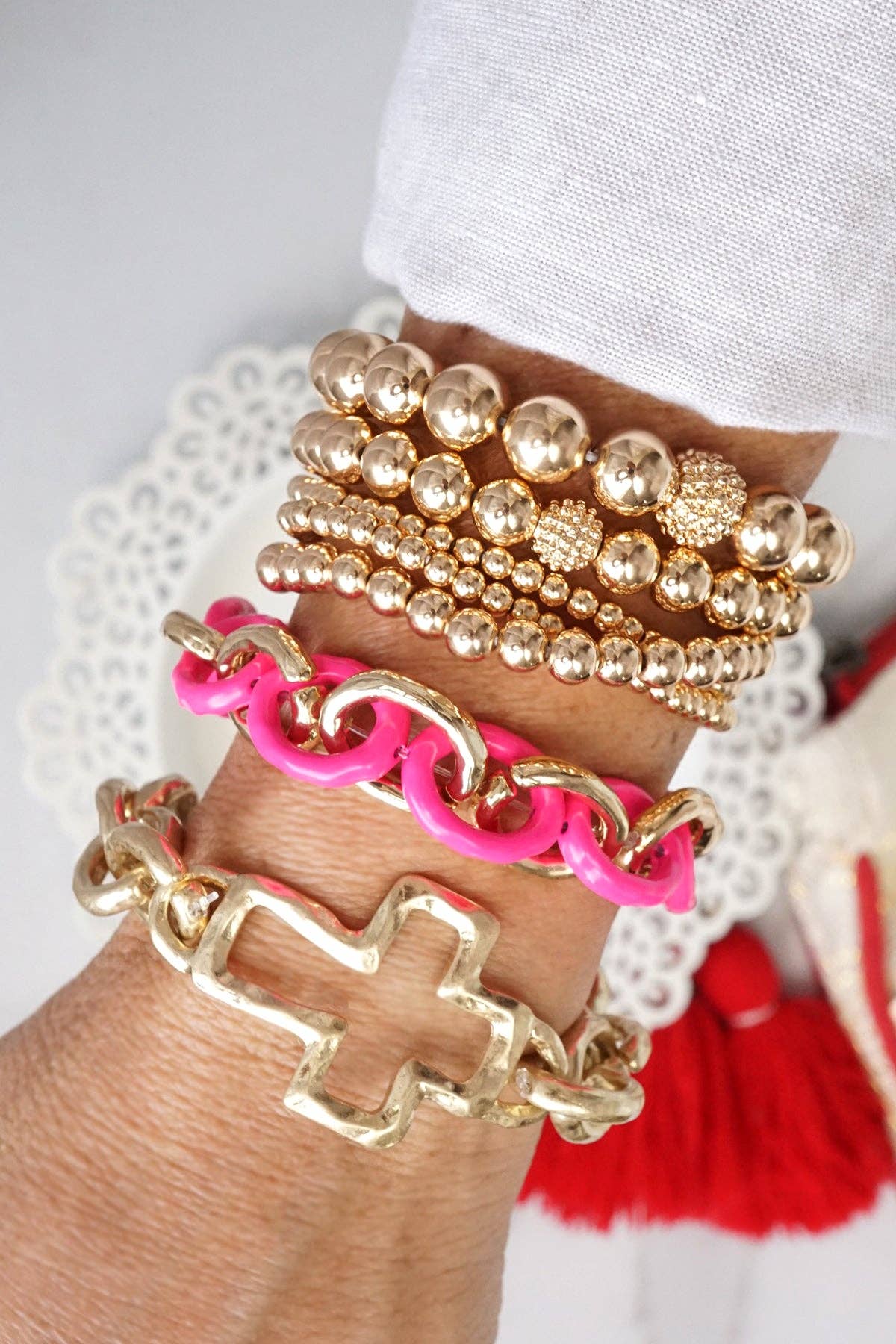 PennyLine inc - Multi size ball beaded bracelet stack Gold tone bracelet set