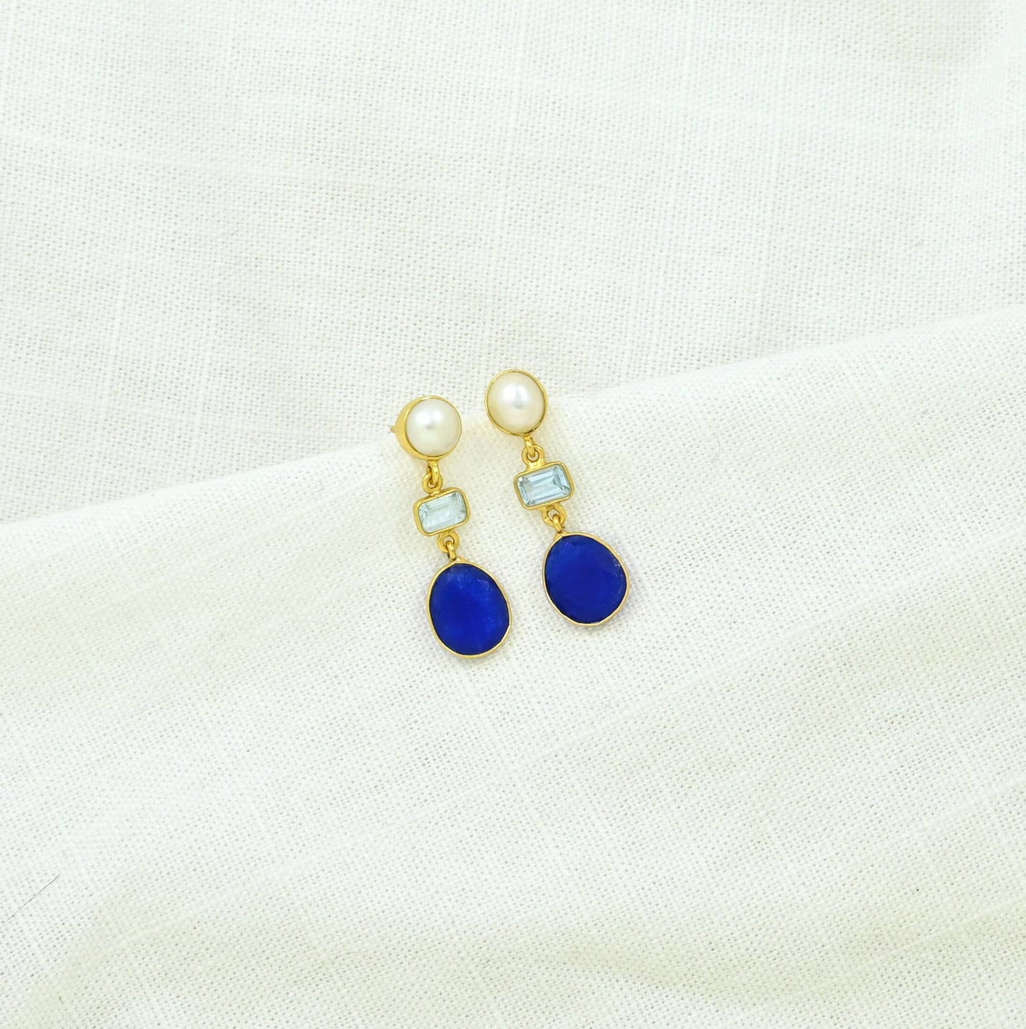 Schmuckoo Berlin - Zoe Earrings Gold Silver 925 - Blue Topaz, Jade & Pearl