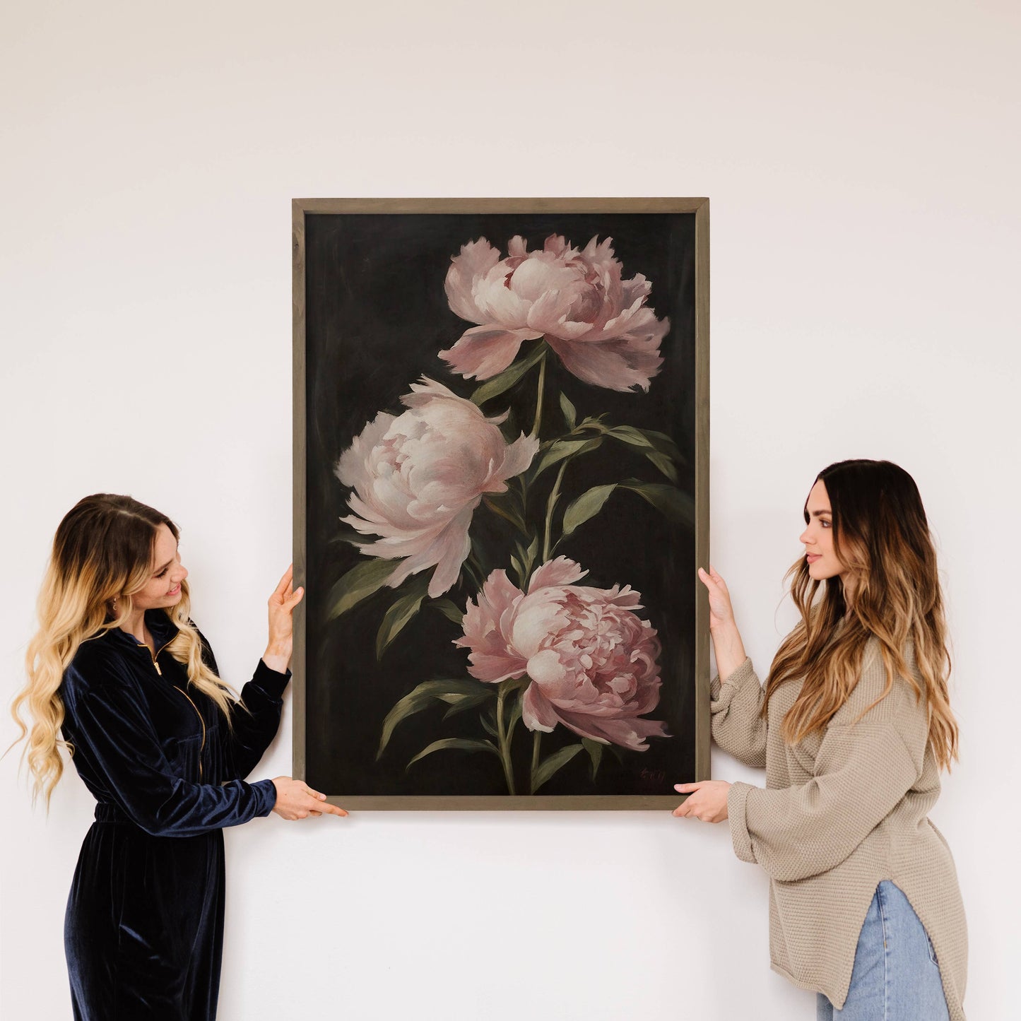 Hangout Home - Blush Peonies Dark Painting - Farmhouse Flower Canvas Art: 24x36" Extra Large Canvas Art with Thick Wood Frame