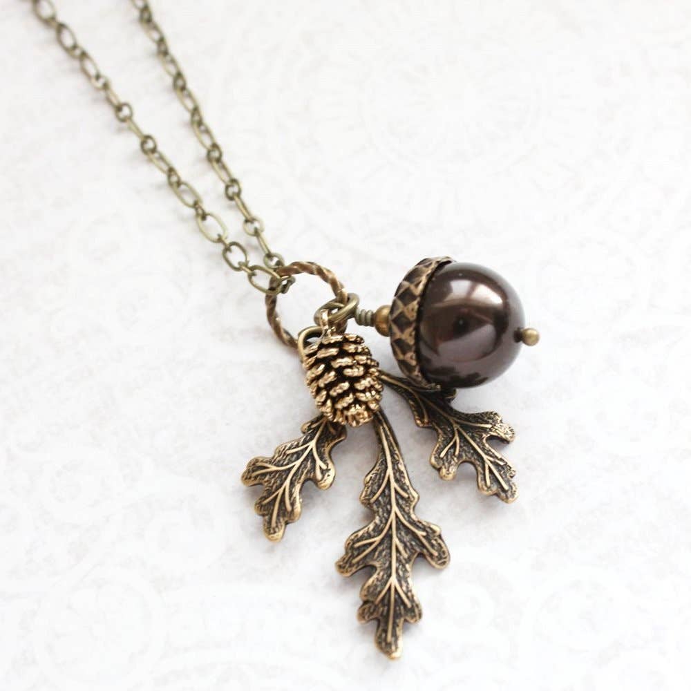 A Pocket of Posies - Brown Acorn Necklace - - ANTIQUED BRASS: 3. Ivory Cream / 18 inches