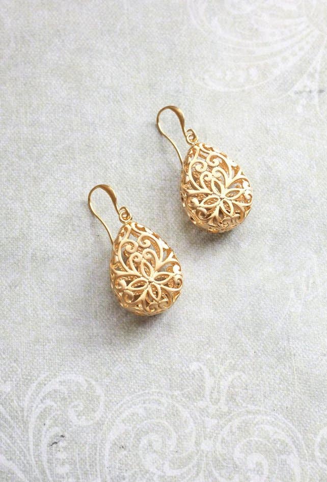 A Pocket of Posies - Gold Teardrop Filigree Earrings: Long Wire