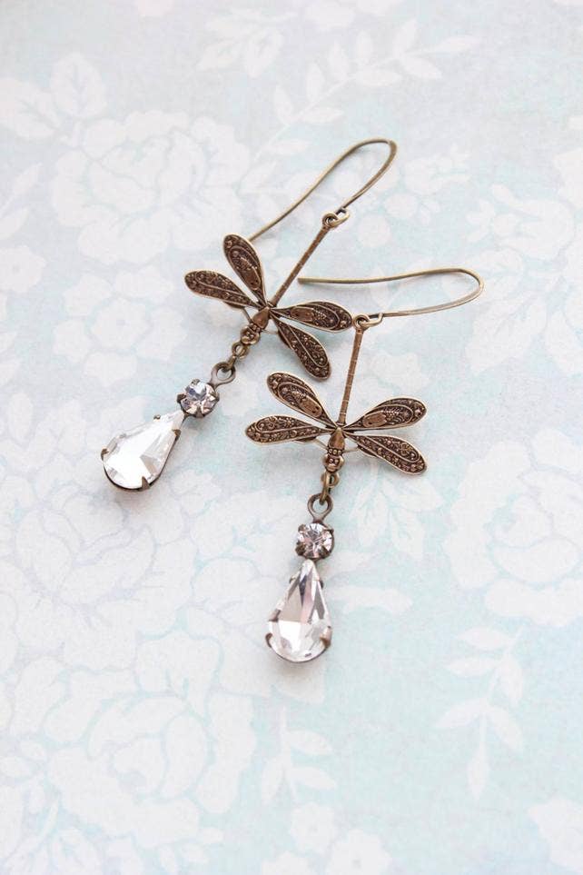 A Pocket of Posies - Dragonfly Crystal Sparkling Vintage Glass Earrings: Fish hook
