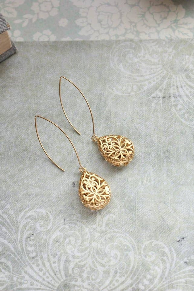 A Pocket of Posies - Gold Teardrop Filigree Earrings: Long Wire