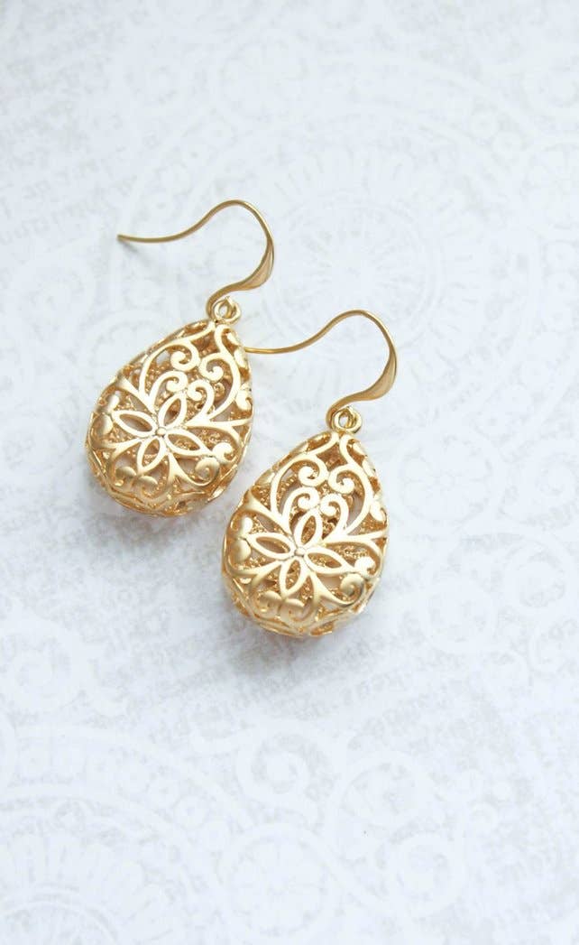 A Pocket of Posies - Gold Teardrop Filigree Earrings: Long Wire