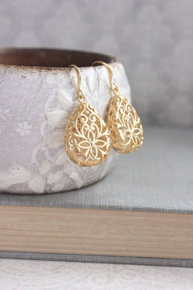 A Pocket of Posies - Gold Teardrop Filigree Earrings: Long Wire