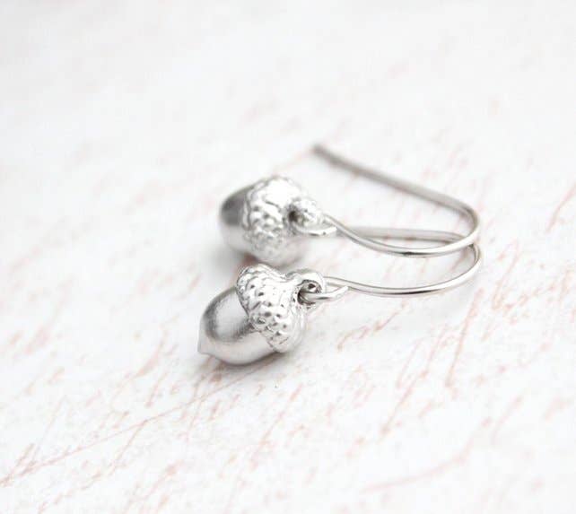 A Pocket of Posies - Tiny Matte Silver Acorn Earrings: Matte Silver