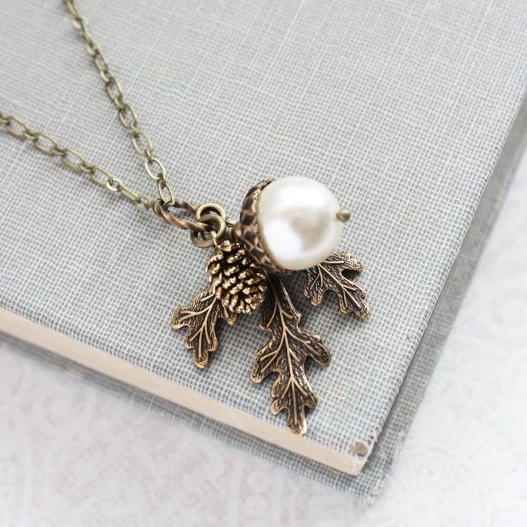 A Pocket of Posies - Pearl Acorn And Branch Necklace - ANTIQUED BRASS: 15. Chocolate Brown / 18 Inches