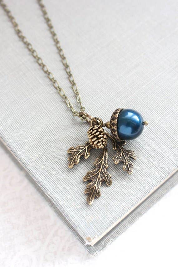 A Pocket of Posies - Brown Acorn Necklace - - ANTIQUED BRASS: 3. Ivory Cream / 18 inches