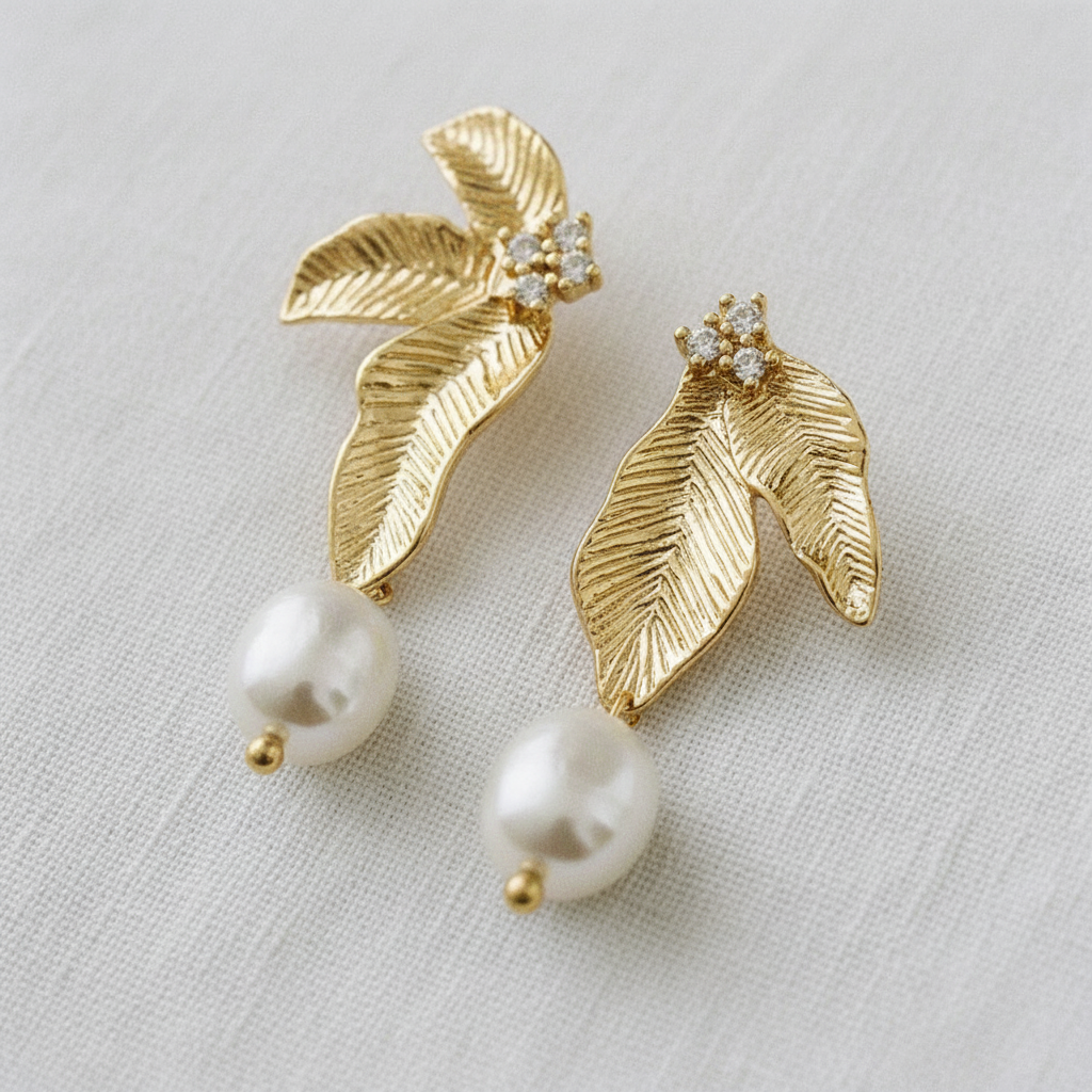 camilla dovey - Asymmetrical Freshwater Pearl and Leaf Drop Earrings