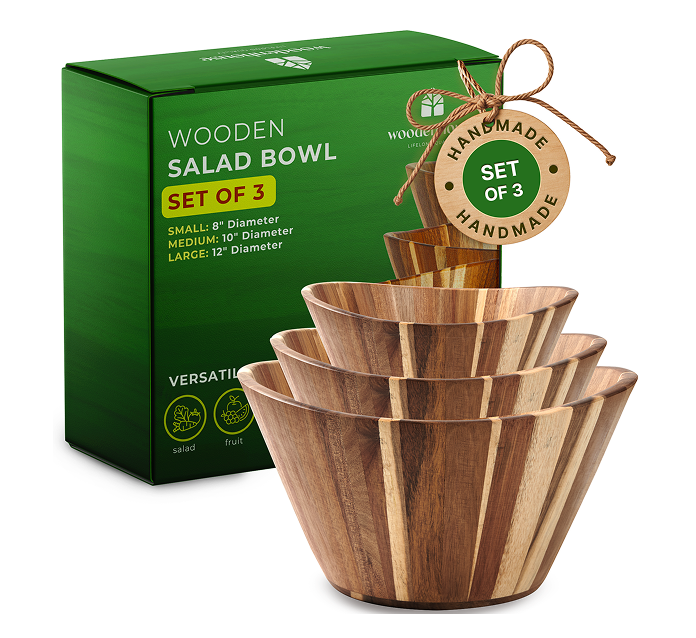 Woodenhouse - Wooden Salad Bowl - Wavy Set of 3