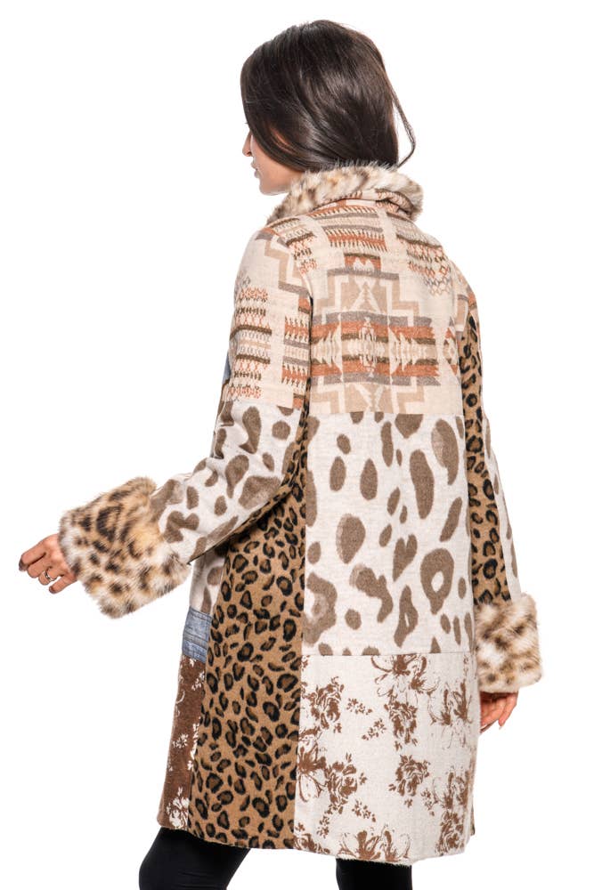 Adore - BS2545 Mixed Media Faux Fur & Denim Trim Coat: L