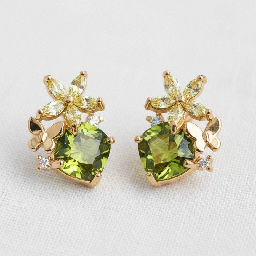 Ellemadera - Olive Green Cubic Zirconia Butterfly Stud Earrings