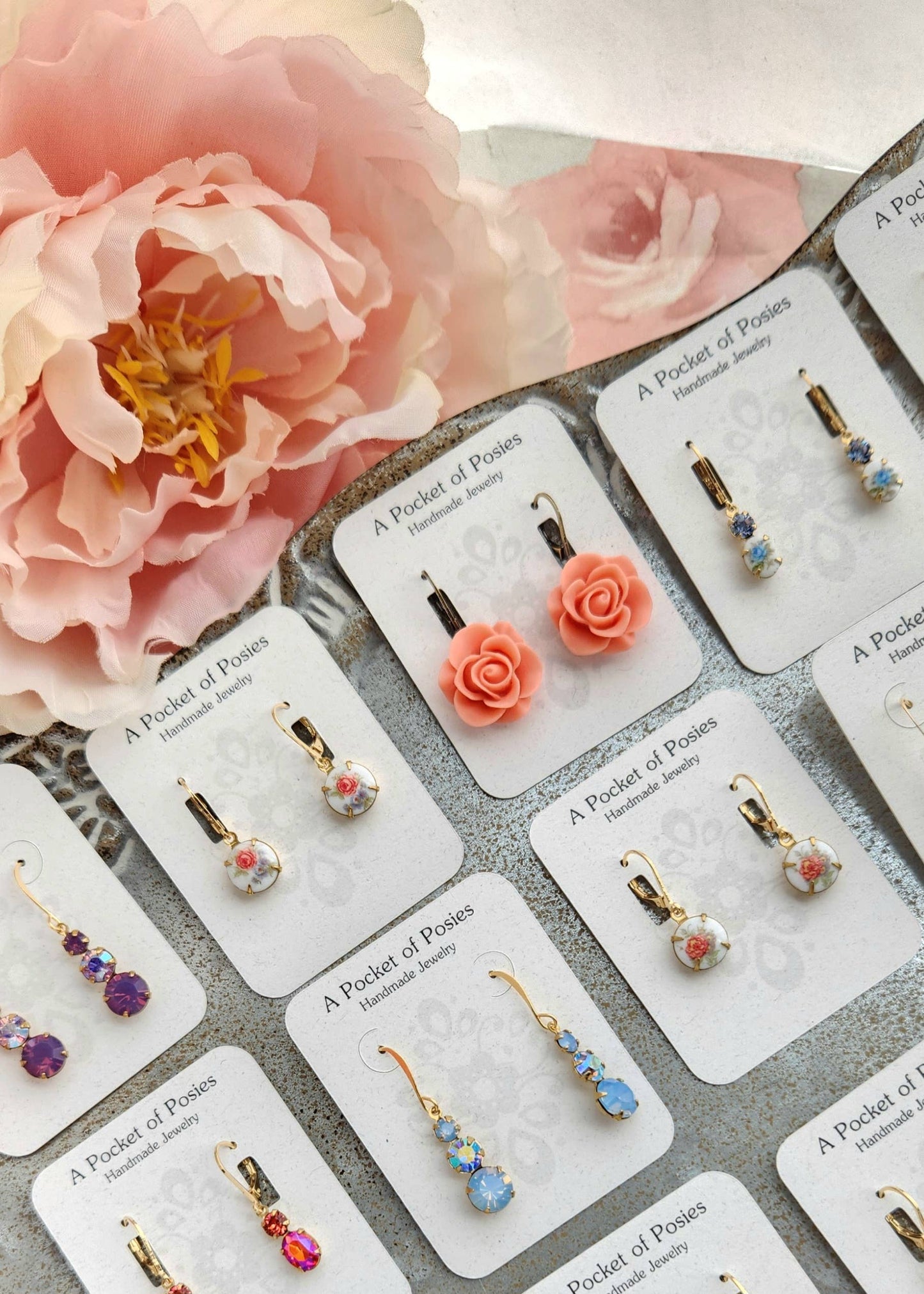 A Pocket of Posies - Little Blue Rose Cameo Earrings - Vintage Glass