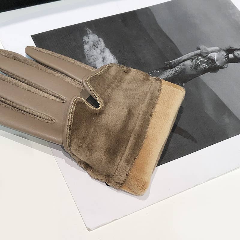 PEACH ACCESSORIES - LG004 Classic Elegance PU Leather Gloves with Shiny Buckle: Beige