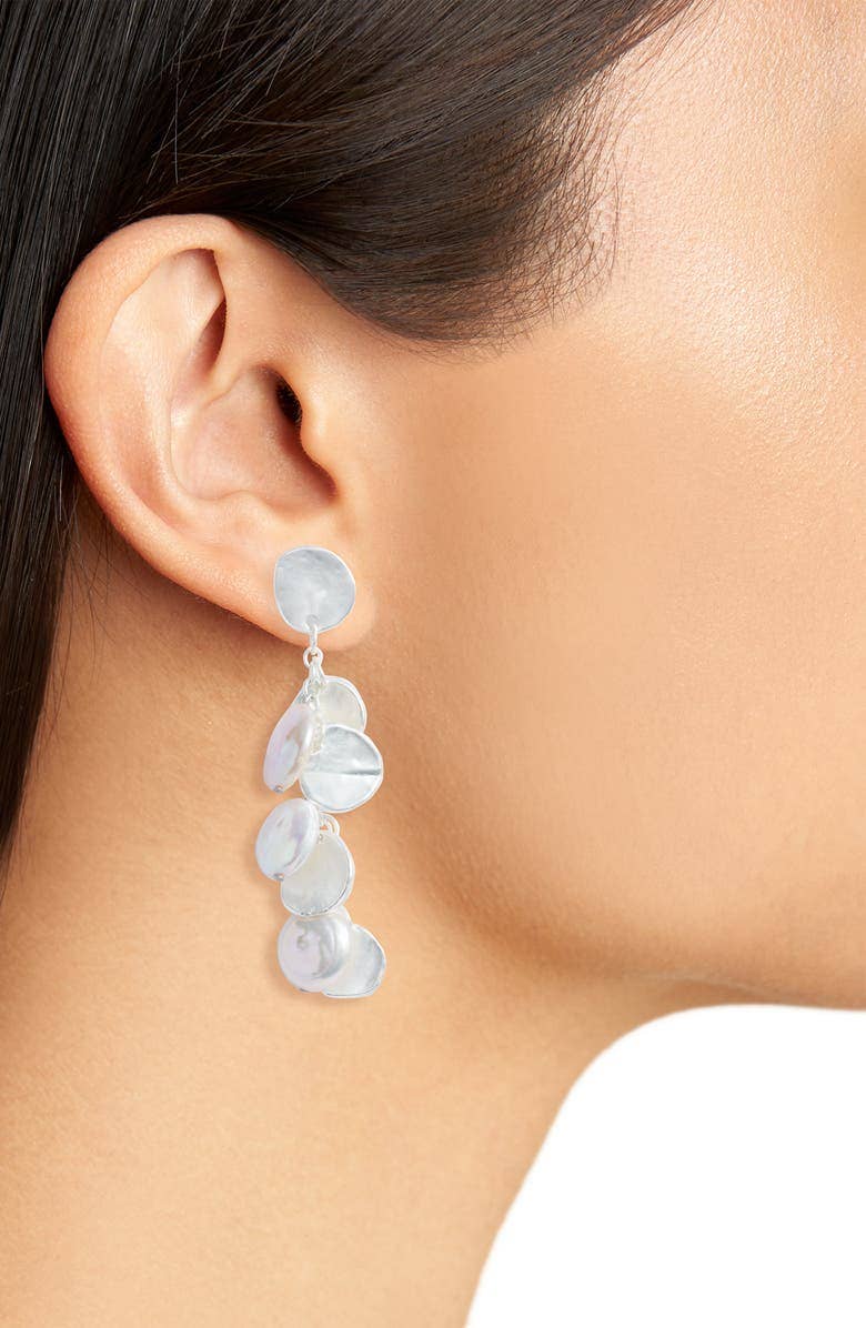 KARINE SULTAN - Coin and flat pearl chandelier drop earring: Silver