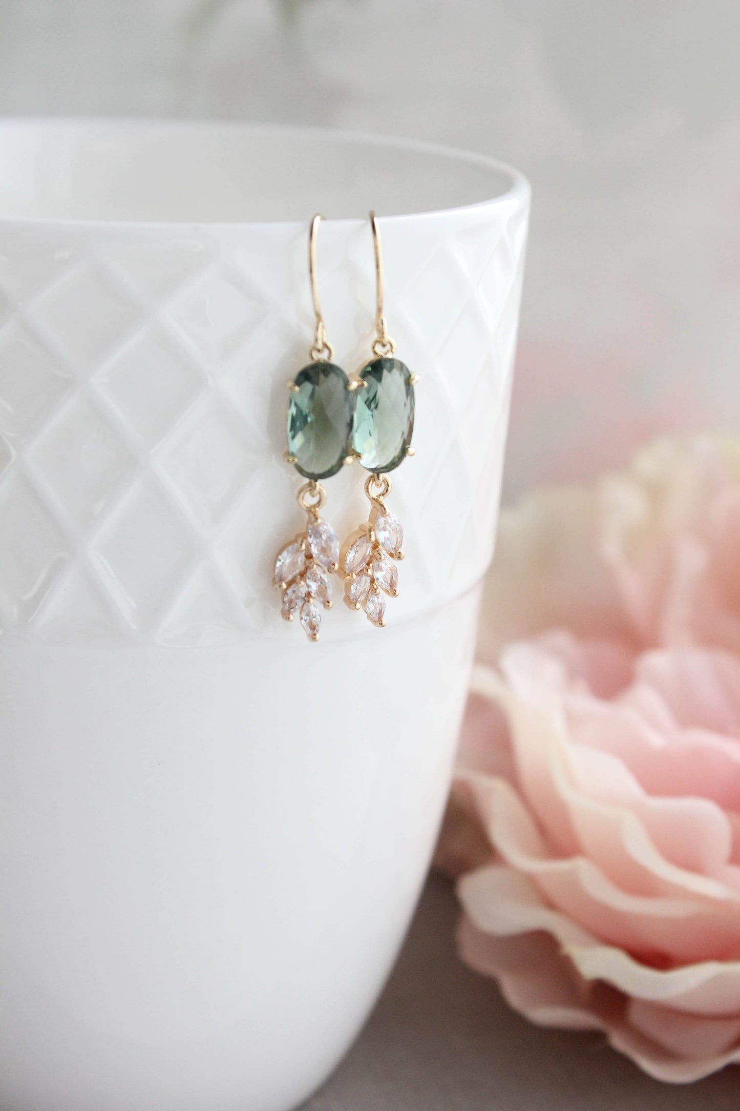 A Pocket of Posies - Sparkling Crystal Earrings | Leaf Earring | Bridal Earrings: Erinite Green