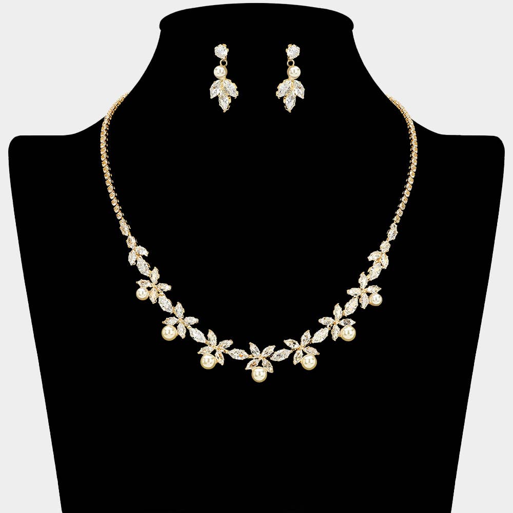 Sensibling Corp. - Elegant Floral CZ Cluster Pearl Accent Rhinestone Necklace: Silver,White
