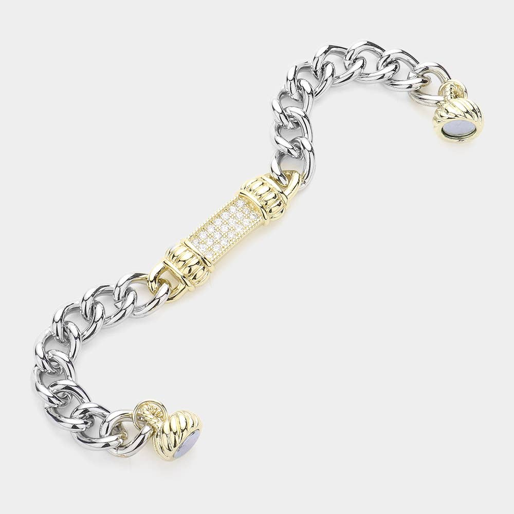 Sensibling Corp. - Two Tone 14K Gold Plated CZ Pave Bar Chain Magnetic Bracelet