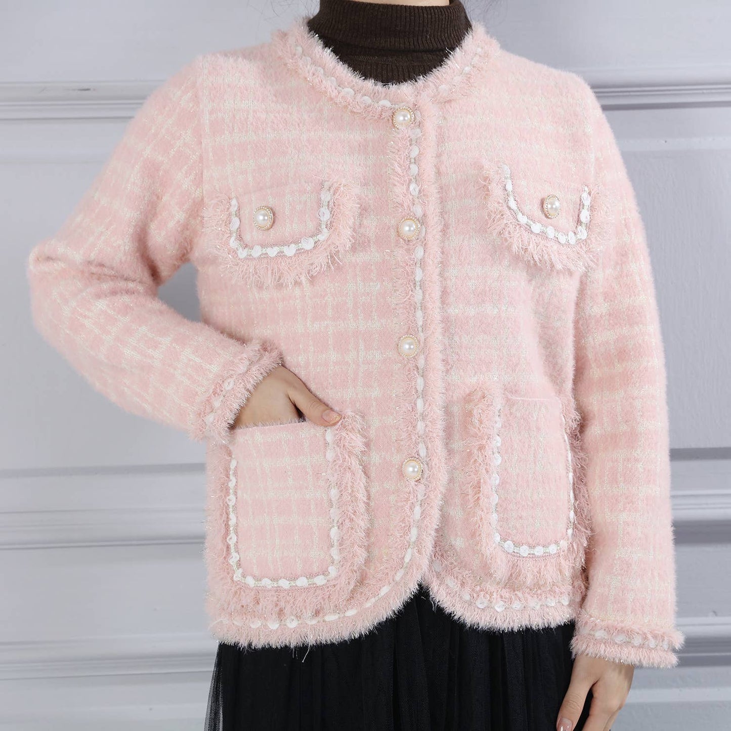 PEACH ACCESSORIES - Fringed Hem and Cuffs Cardigan with Pearly Buttons SD187: Black