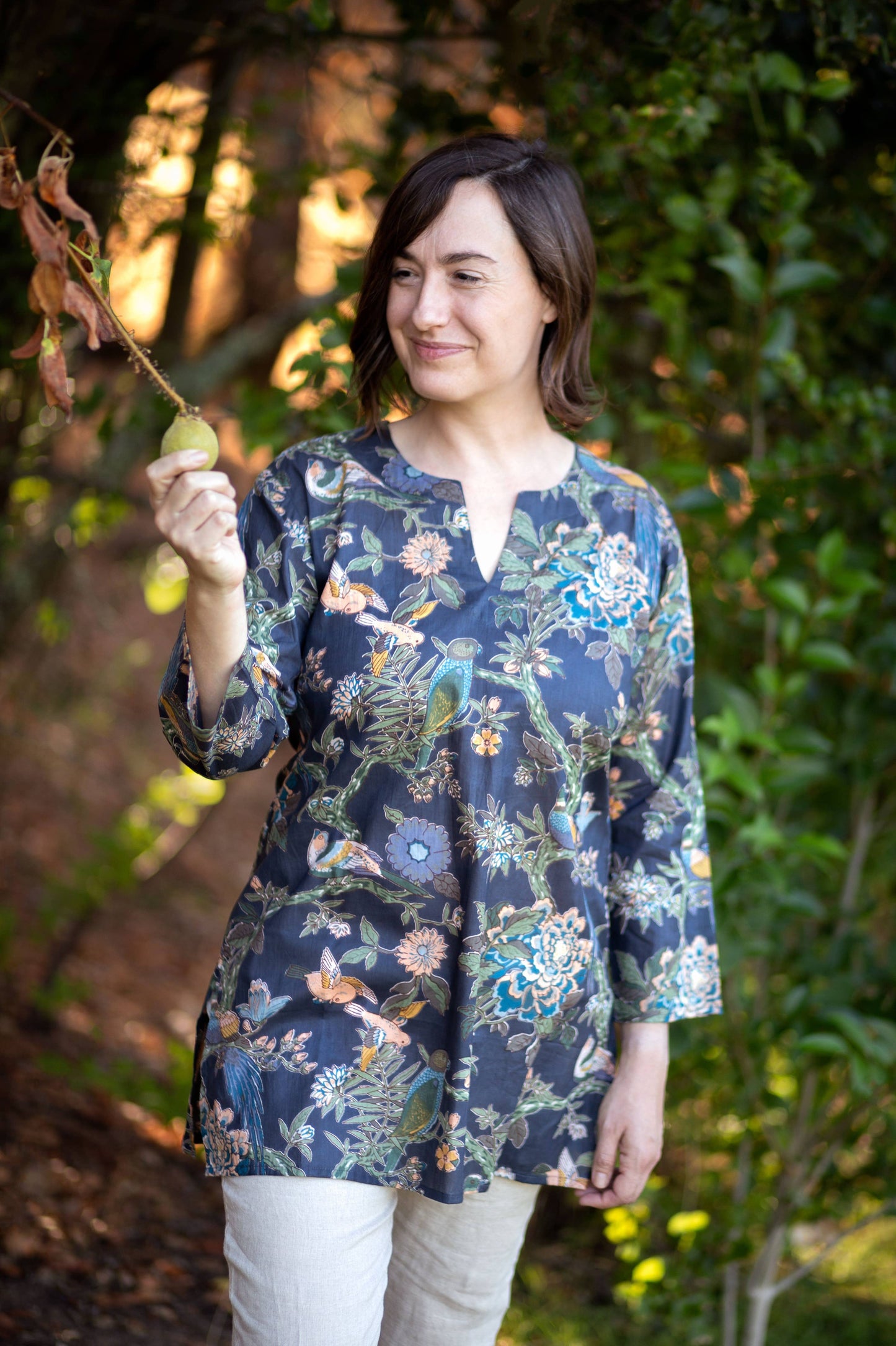 Dolma - Vintage Bird Print Tunic: Grey / Medium