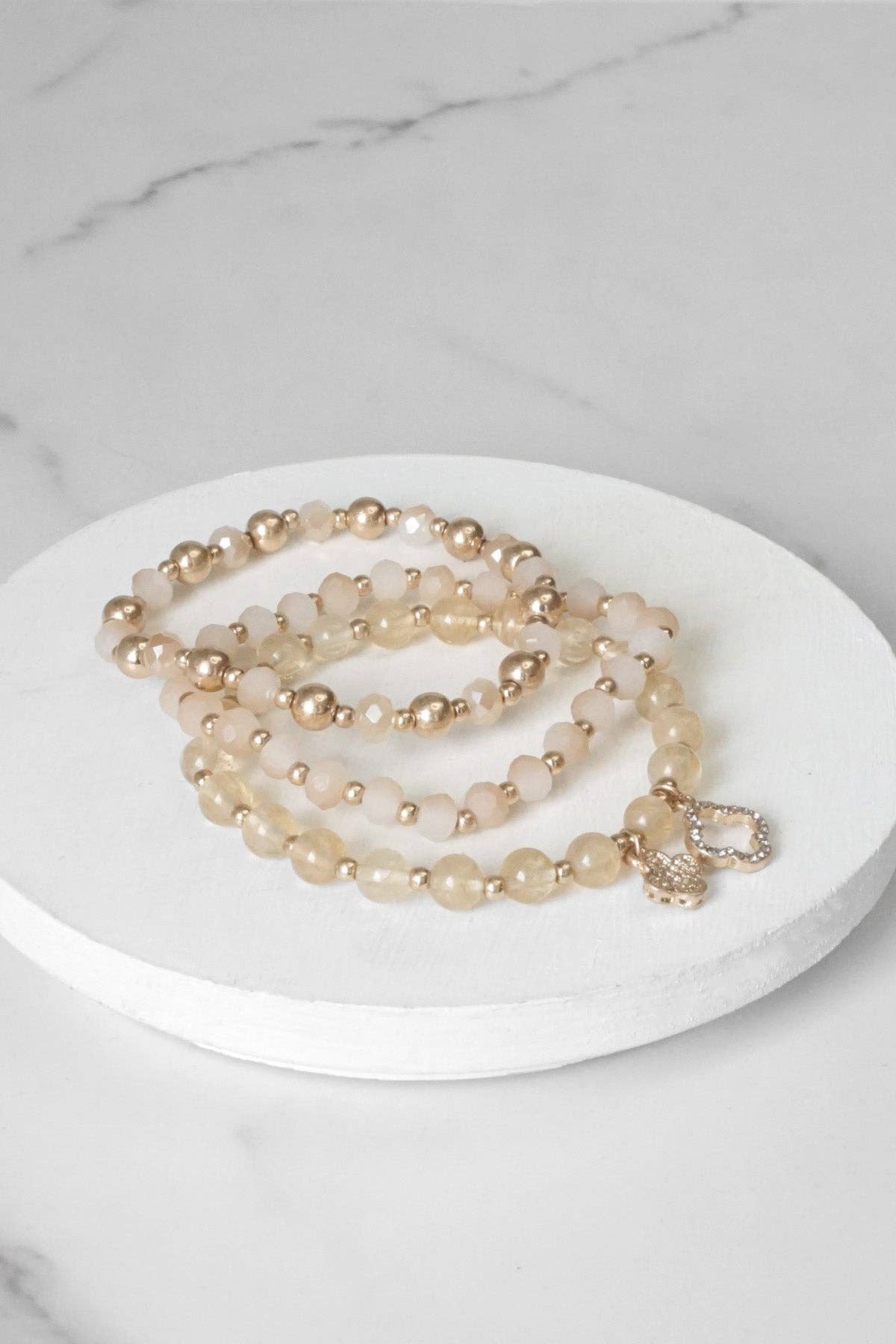 PennyLine inc - Beaded Bracelet Set Clover Metal Glass Beads Gold tone Neutrals