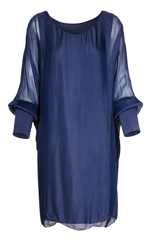 M Made In Italy - Long Sleeve Silk Shift Dress Plus Size: Navy / 1X