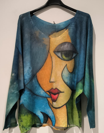 LOOWIE - CPILA Blue " Picasso" Lady V-Neck Knit Printed Sweater