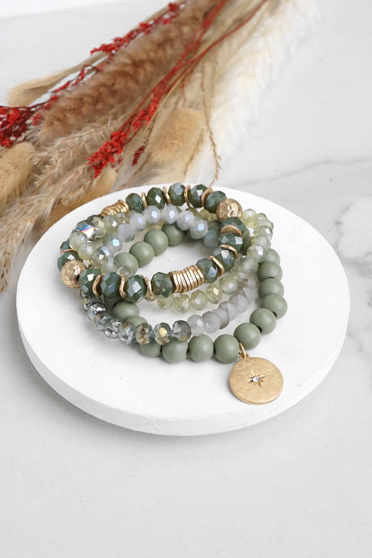 PennyLine inc - Beaded bracelets stack in Olive green with a coin charm
