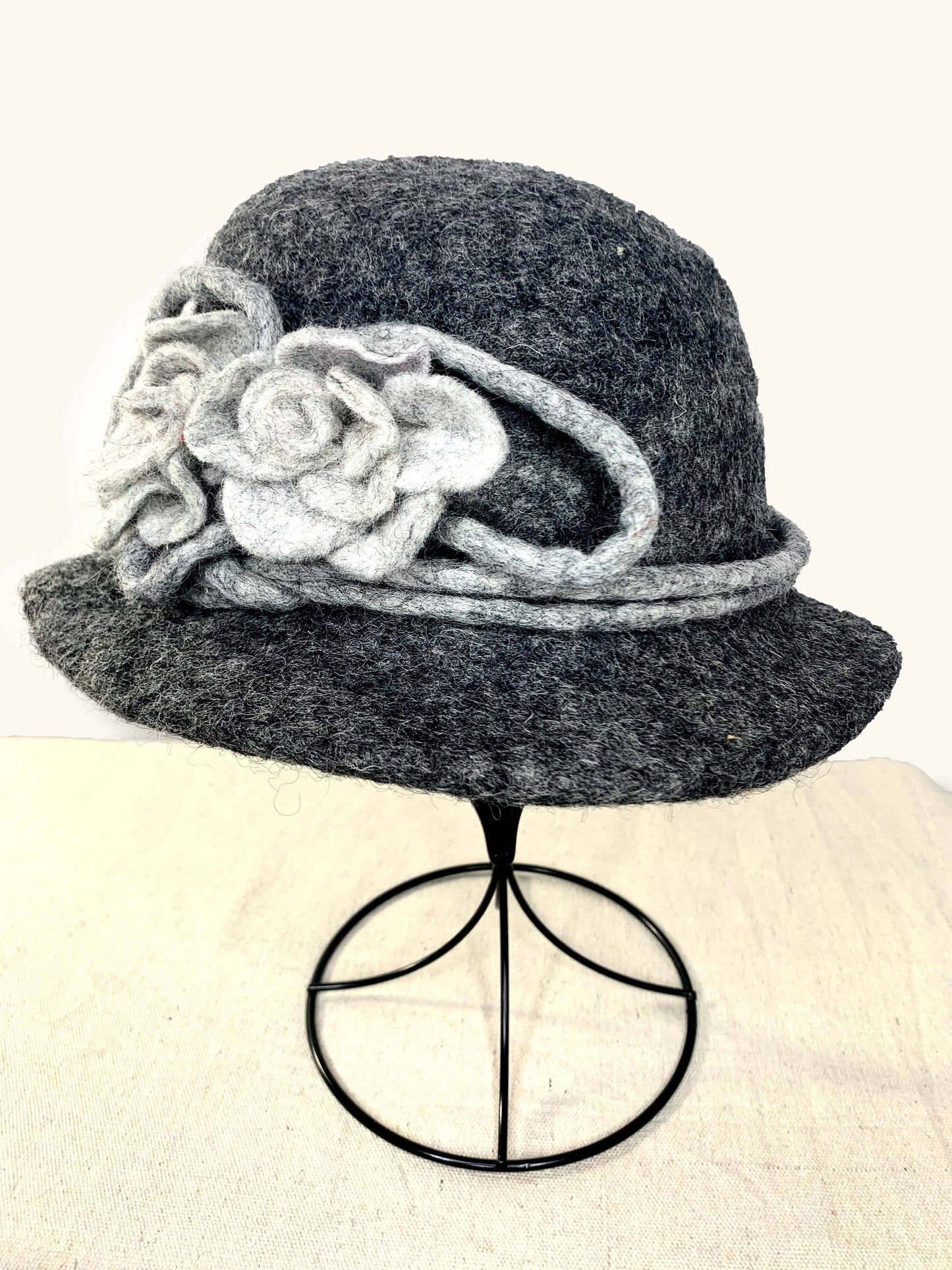 Charcoal Hat with Light Gray Flower