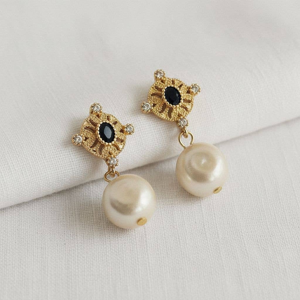 Ellemadera - Vintage Inspired Freshwater Pearl Cubic Zirconia Dangle Earr