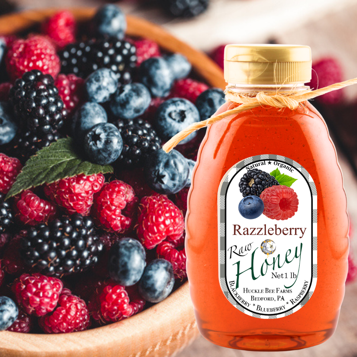 Huckle Bee Farms LLC - Razzleberry Infused Raw Honey: 1 lb Bottle