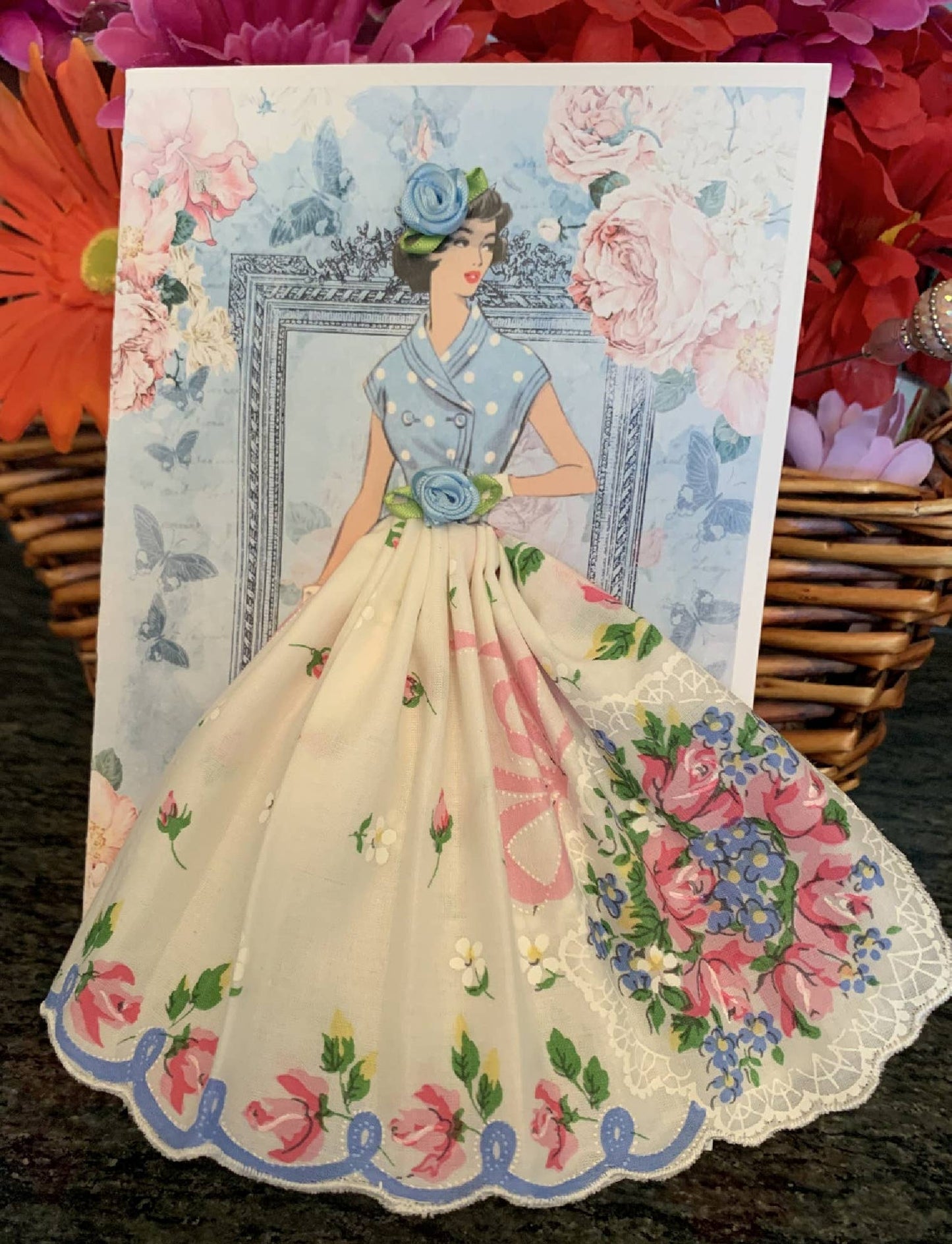 MOMENTS IN THYME - Fashion Ladies Keepsake Hankie Cards: Aqua/Pink